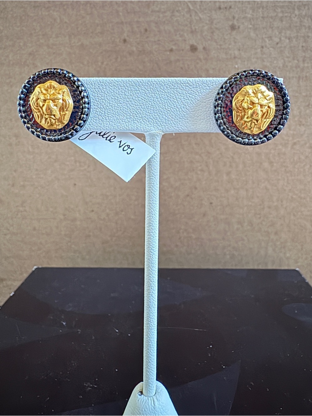 Julie Vos Gunmetal with Gold-Tone Lion Medallion Button Earrings